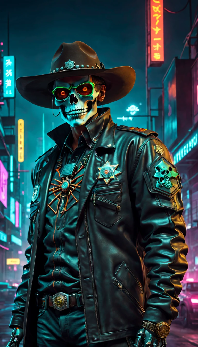 cyber punk personage,Sheriff,skeleton head,metalictexture,cowboy hat,Cockade,Neon brim,cigars,A futuristic,vibrant with colors,EDM sharp,Dystopian cityscape,Network enhancement,glowing light eyes,jaqueta de couro,high-tech weapon,wires and cables,Retro-Future,nighttime scene,Mixed reality。(Best quality at best,4K,8K,A high resolution,tmasterpiece:1.2),ultra - detailed,(actual,photoactual,photo-actual:1.37),