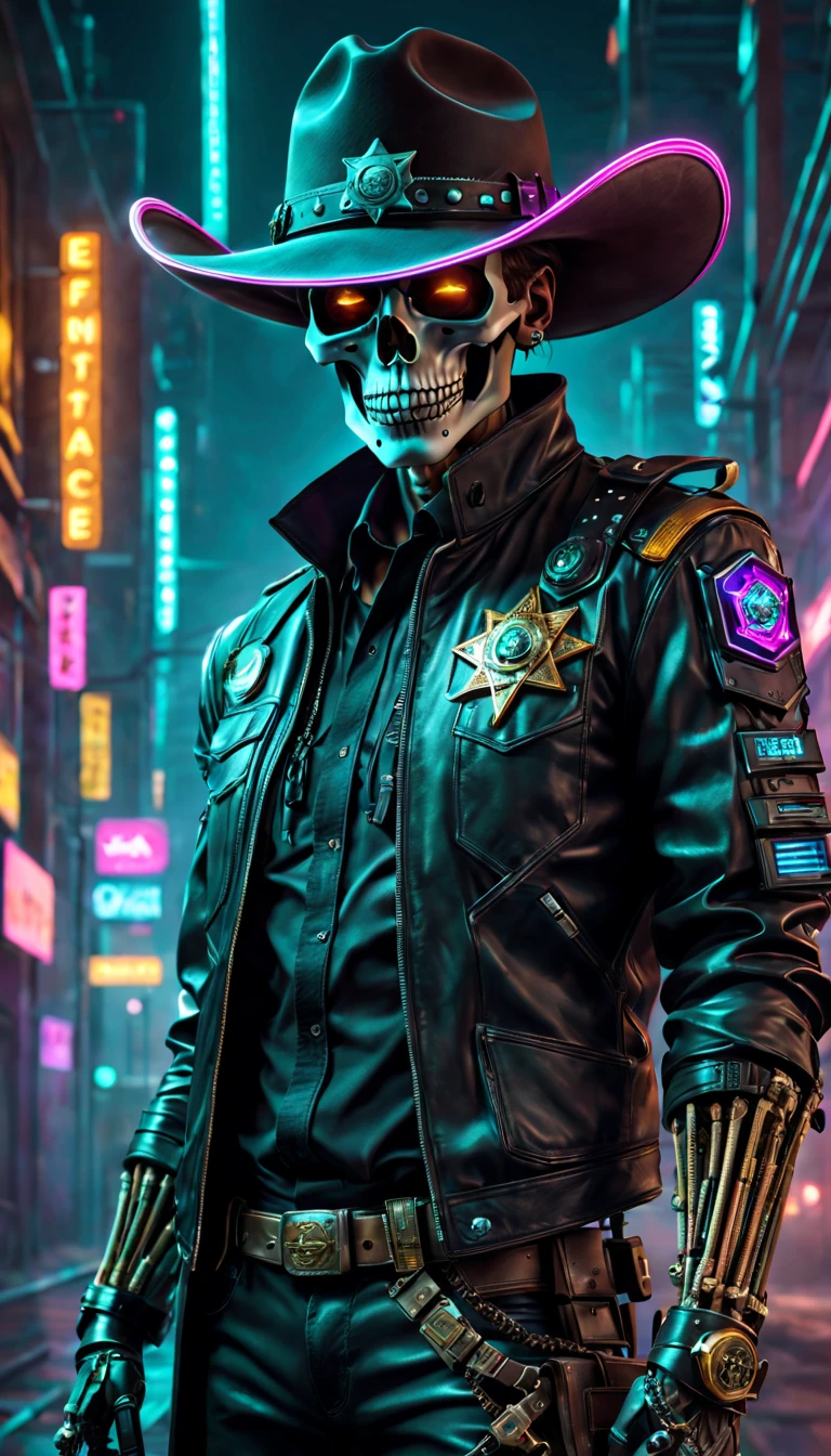 cyber punk personage,Sheriff,skeleton head,metalictexture,cowboy hat,Cockade,Neon brim,cigars,A futuristic,vibrant with colors,EDM sharp,Dystopian cityscape,Network enhancement,glowing light eyes,jaqueta de couro,high-tech weapon,wires and cables,Retro-Future,nighttime scene,Mixed reality。(Best quality at best,4K,8K,A high resolution,tmasterpiece:1.2),ultra - detailed,(actual,photoactual,photo-actual:1.37),