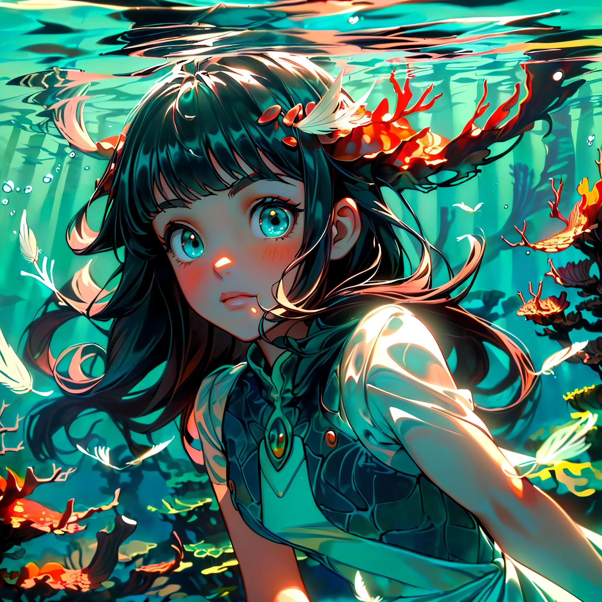 (((masterpiece))),(((best quality))),((ultra-detailed)),((underwater)),(illustration),(beautiful detailed water),((coral)),open tuck,((extremely delicate and beautiful girls)),dynamic angle,floating,(beautiful detailed eyes),(detailed light),(),floating hair,glowing eyes,(splash),underwater),((fishelack hair,green right eye,iceblue left eye,very long white dress,feather,nature,(sunlight),(underwater forest),(painting),(bloom),(detailed glow),(drenched),seaweed,fish,(((Tyndall effect))),face to face --s 1000 --c 20 --q 20