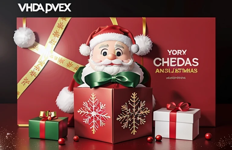 oda is a red banner,oda'Christmas tree and Santa Claus on it, Merry, package cover, CDX cover artwork, CDX jacket, CDX, advertisement picture, Christmas Eve, Official Product Pictures, 480p, 4 8 0 p, full card design, extremely high resolution, (number art), 8k octan advertising photo,, Cool solid color background