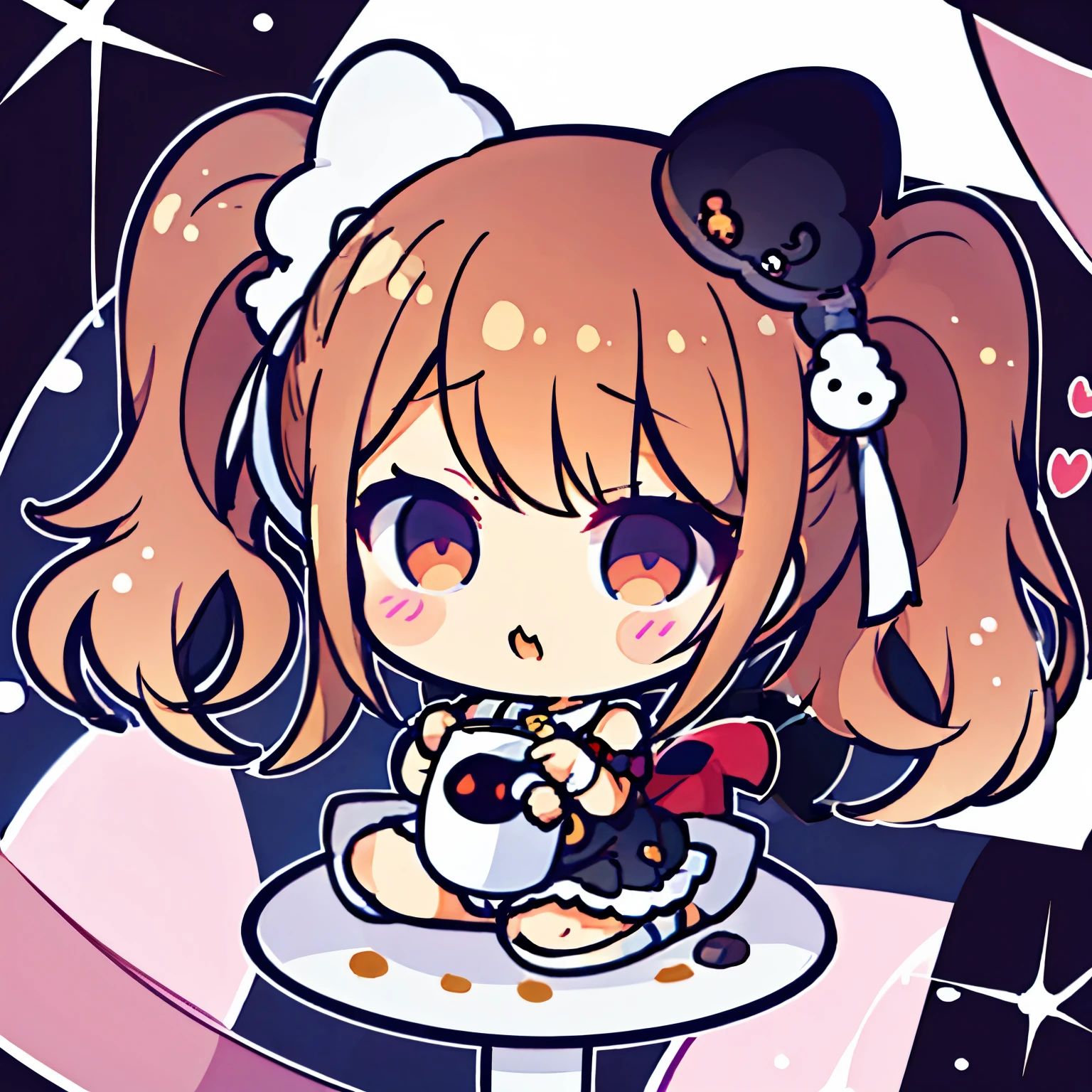 1girl, chibi, orejas de gato, beso, yuri, coffee mug, symmetrical pose, cola, frotar la cabeza, en taza, Speak heart,
