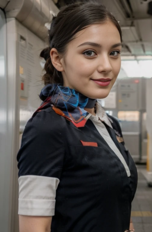 ((best quality)), ((masterpiece)), (detailed), pretty girl, black hair, tarichair, tarichair face, barbarella, no nsfw, stewardess uniform, JAL stewardess, stewardess,