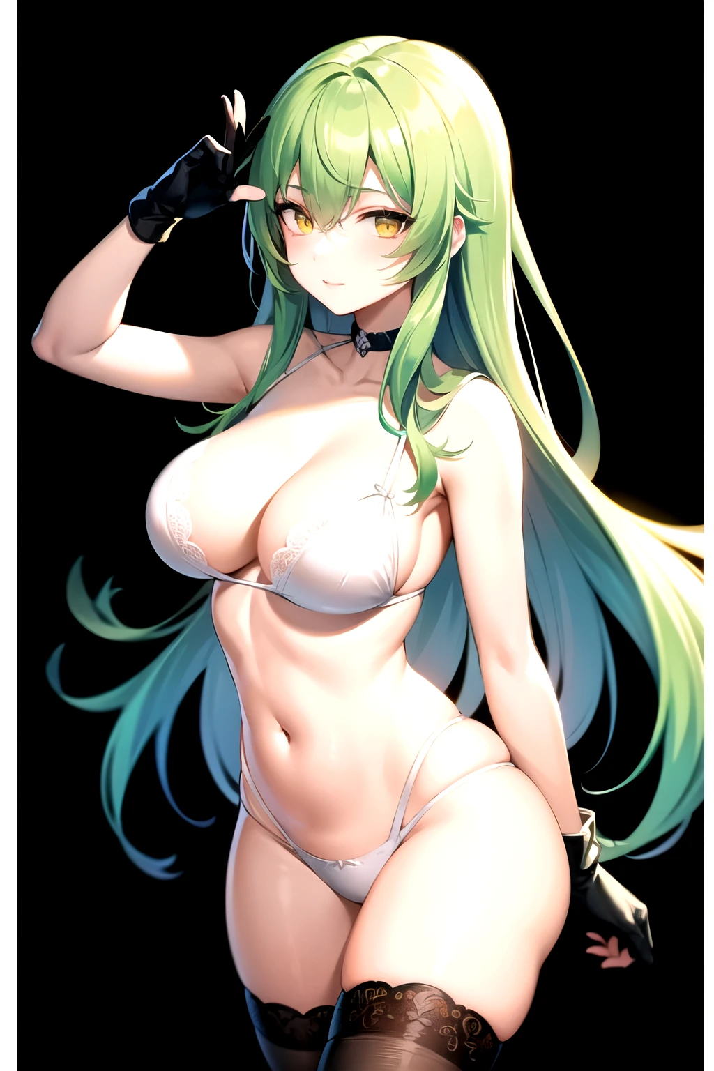 Green hair, action hair, long hair, girl, beautiful girl, cute, sexy, white lingerie, sexy gloves, hot, black stocking, eyes, yellow eyes, laboratory around, 4K, ((masterpiece)), ((best quality)), plain black background