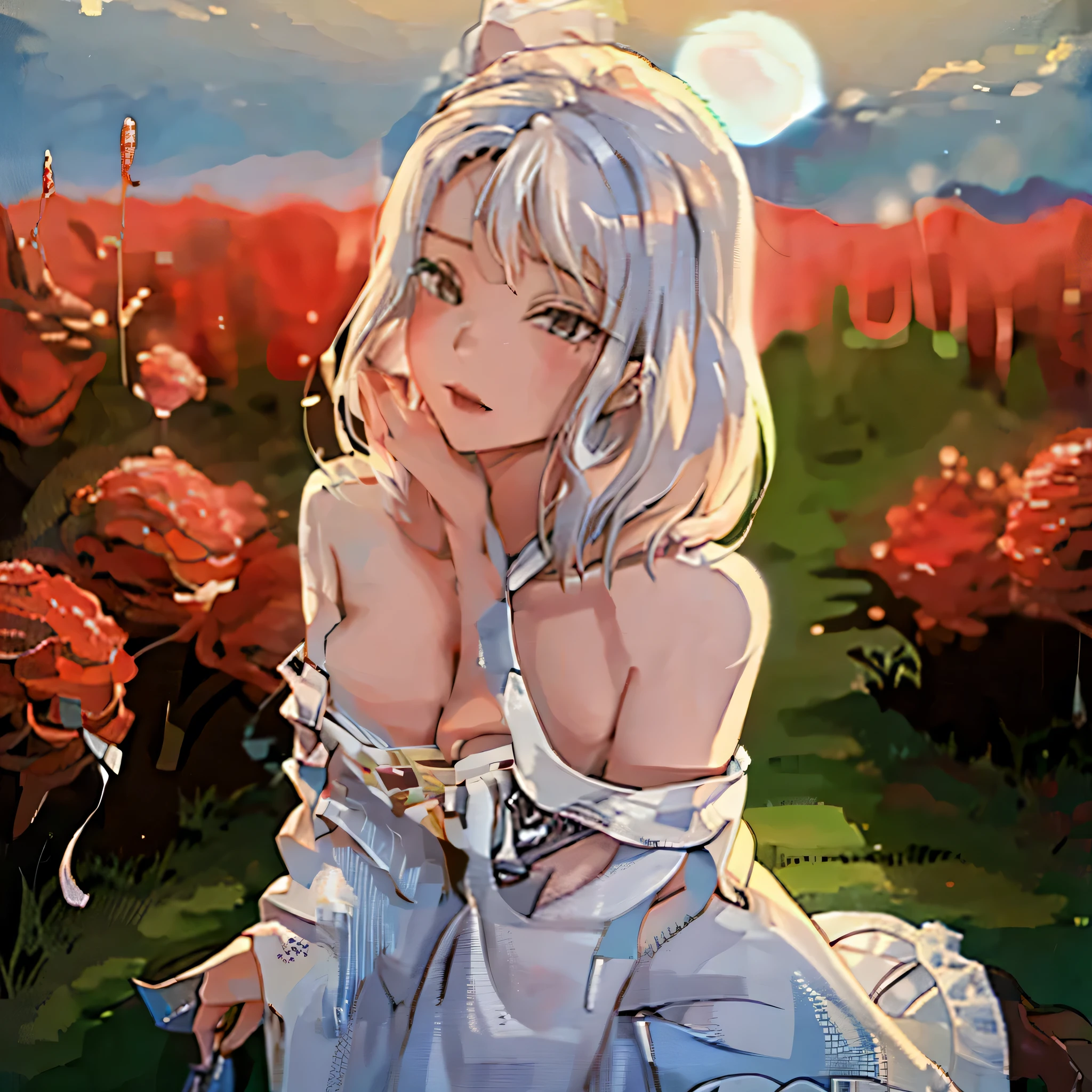 tmasterpiece,Best quality, 1 girl, Alone, light smile, light smile, cherrie, The sun is mottled, butterflys, Grass animal ears,Wolf ears,Long gray hair, end, wolf end, red eyes, Wolf Girl,Brown hair,,