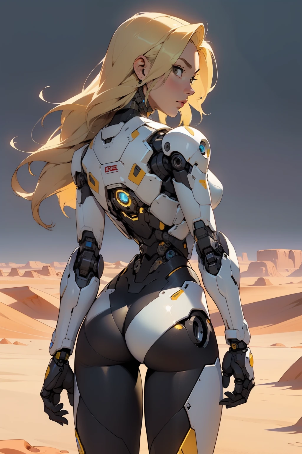 high quality, 4k, masterpiece, beautiful, cyborg girl, cowboy shot, dull eyes, back side, turning around to look at viewer, long blonde hair, girl, small breasts, fit thigh, robotic arms, robotic body, cyborg body, yellow accent, redaccent, intricate detail, joint, detailed lines, robotic detail, holding fist up, holding hand up as fist, color robotic parts, robotic parts with color, perfect fingers, on a desert planet, sunny background, colorful desert,