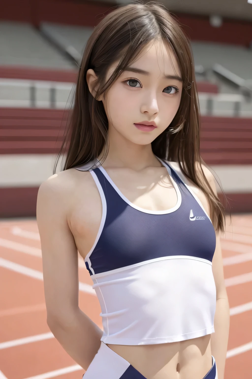 masutepiece、masterpiece、top-quality、ultra-detailliert、hight resolution、hight resolution、8K Portrait、Unity 8k壁紙のhigh-detailCG、Unity 8k壁纸、Highly detailed CG Unity 8k wallpaper、逼真、realperson、cute little、 Portrait photos、shinny skin、high-detail、(:1.2)、(女の子1人)、Beautiful clear eyes、Ultra-fine depiction、delicated face、Lovely lips、skinny body、big breasts thin waist、Thin leg、(Track and Field Arena:1.6)、(flat chest:1.8)、(track and field color uniform:1.4)、(Sleeveless:1.4)、(Nipples are see-through:1.3)、cute little笑顔、(FULL BODYSHOT:1.4)、(abdominals:1.5)