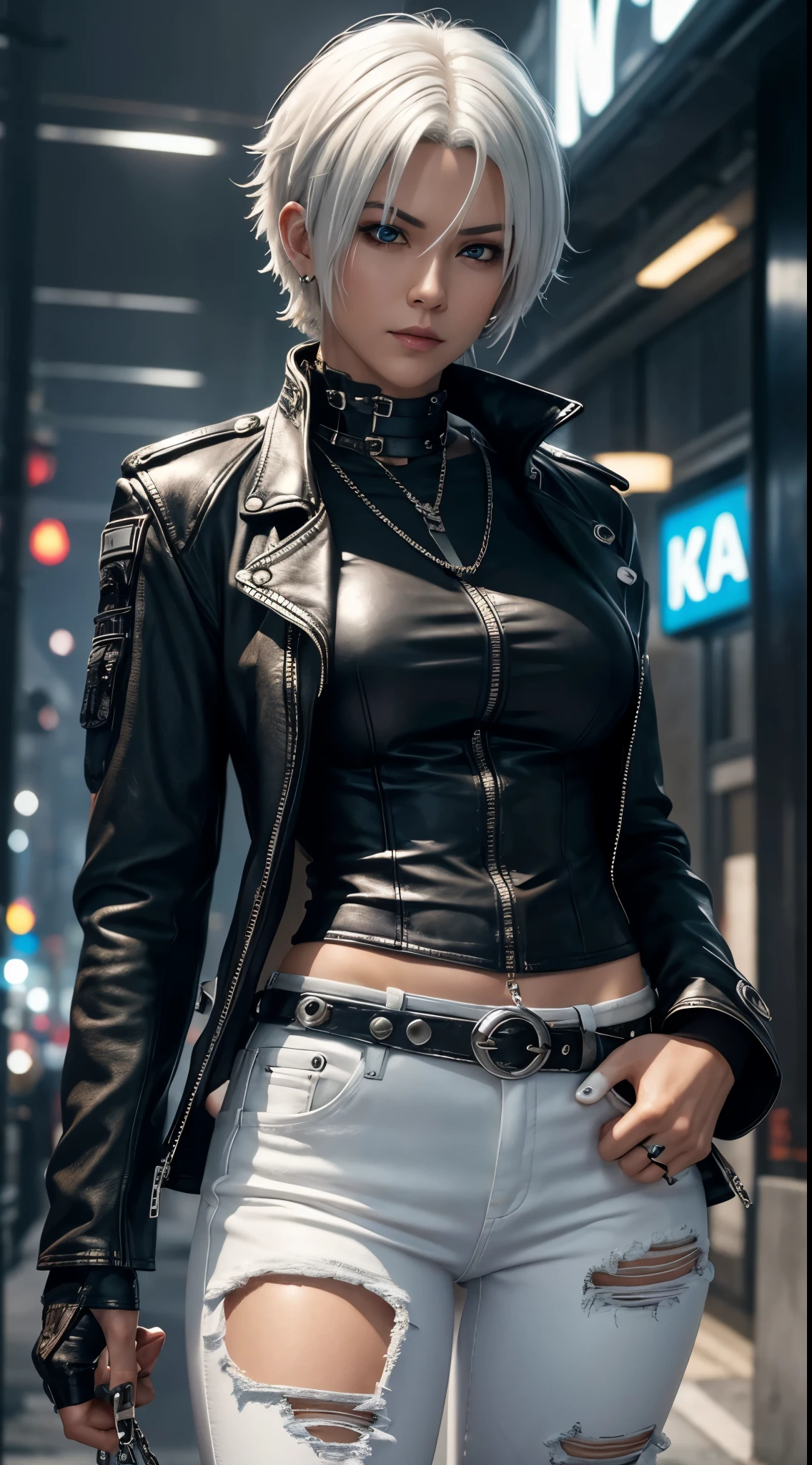hight resolution,4K,white hair,short-hair,Shaggy,Leather Jean,silver ring,Wallet Chain,cyberpunked,Thirty ways,A MILF,独奏