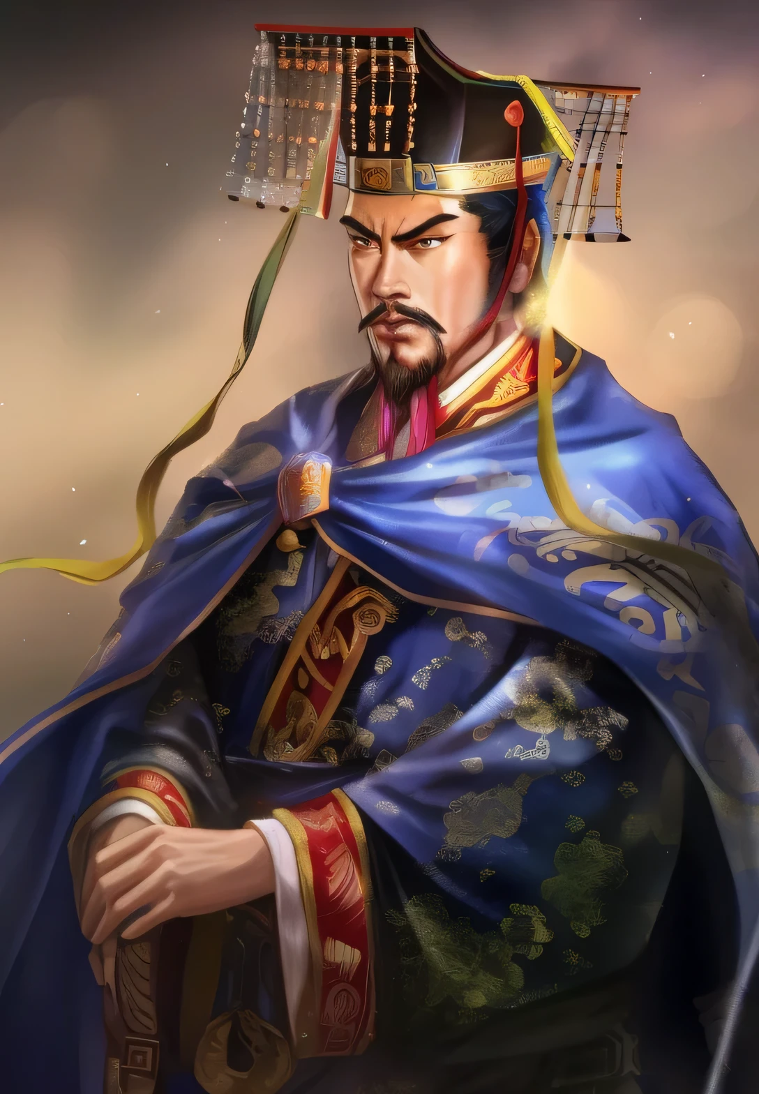 One of them is wearing a blue robe、Close-up of man wearing hat, royal emperor, Emperor Xuande, inspired Emperor Xuande, Inspired by Zhibai, inspired by Wu Bin, zhao yun, Inspired by Huang Shen, emperor portrait, Inspired by Huang Ding, inspired by Li Kan, Inspired by running, bian lian