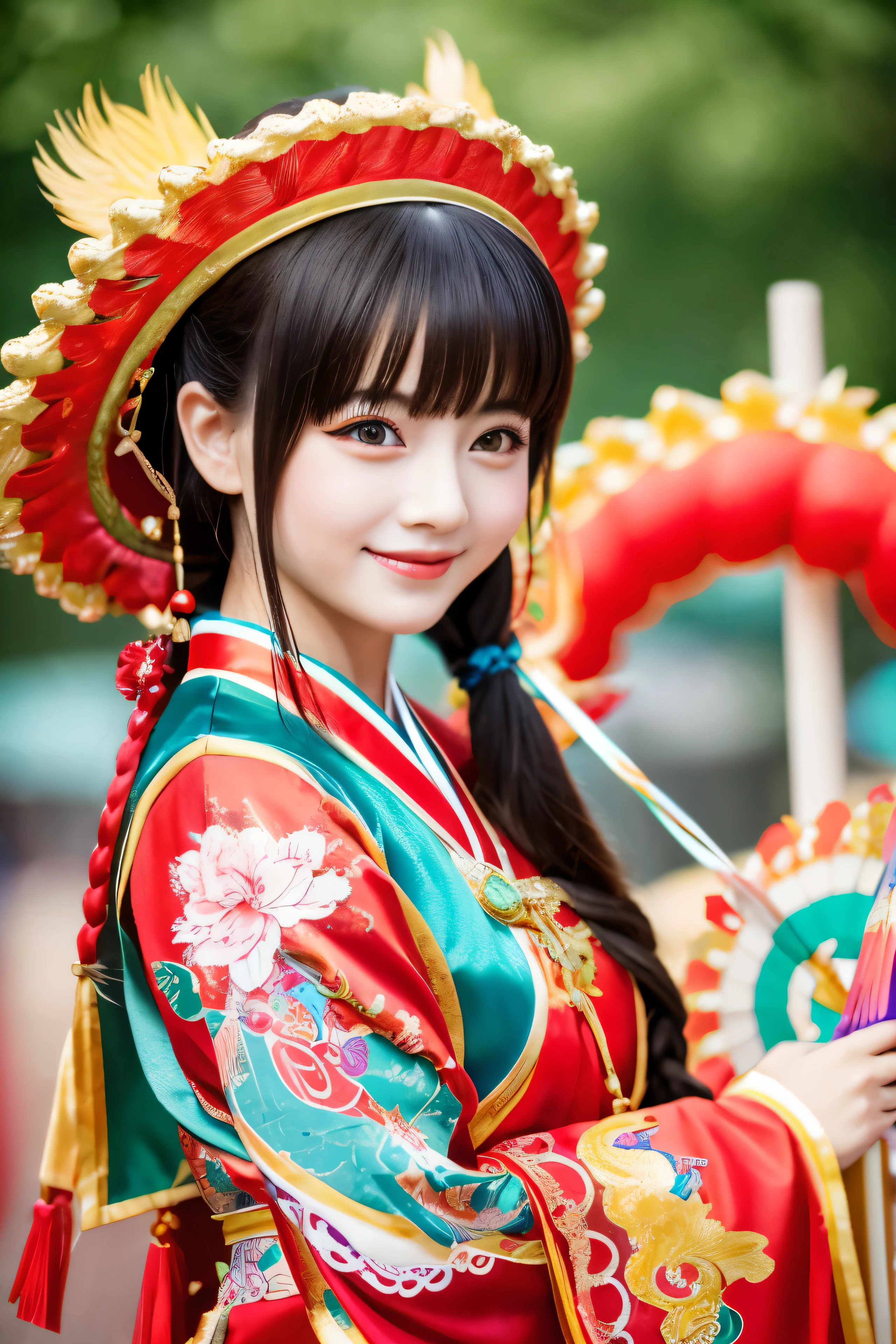 High-quality images,1girl in, masutepiece, Best Quality, Make friends with Chinese dragons, Fun, ancient chinese folk costumes, Bright, Details of face,Full-body high-definition images,