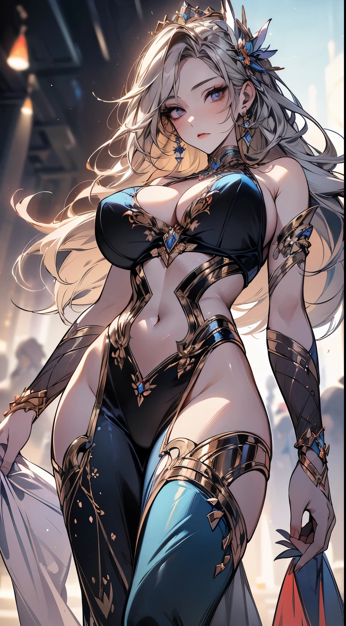 Best quality, masterpiece, ultimate resolution, pastel, colorful, multicolored, artistic portrait of a woman, big boobs, cleavage, dutch angle, from below, (correct anatomy:1.5, correct hand:1.3), simply outfits, few accessories and ornaments,