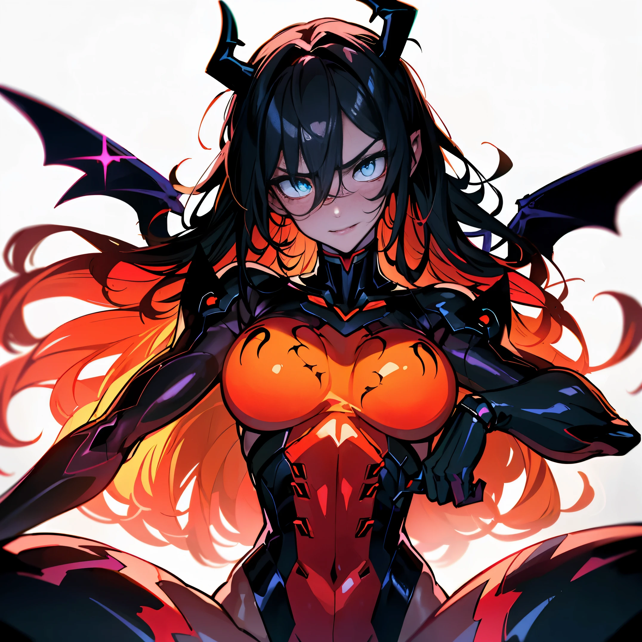 (Cyberpunk Demon waifu), (high resolution), (high res), great quality, mature, very angry face, long fangs, diamond face, perfect eyes, demon tail, wings, strong shadows, (neon light), neon, naked, detailed face, sparks, gargolyes background, hell, night, (attacking), detailed abs, scars, shinying eyes, war pose, long claws, (masterpiece), direct light, underlight, strong jaw, golden sky, large boobs, (Demonic queen), (lewd armor), (no clothes) massive ass, thick thighs, long torso, wide waist, skinny torso, fit, perfect face, (skimpy armor), (colorful vibrant light), futuristic, sexy, (blushing), hot and bothered