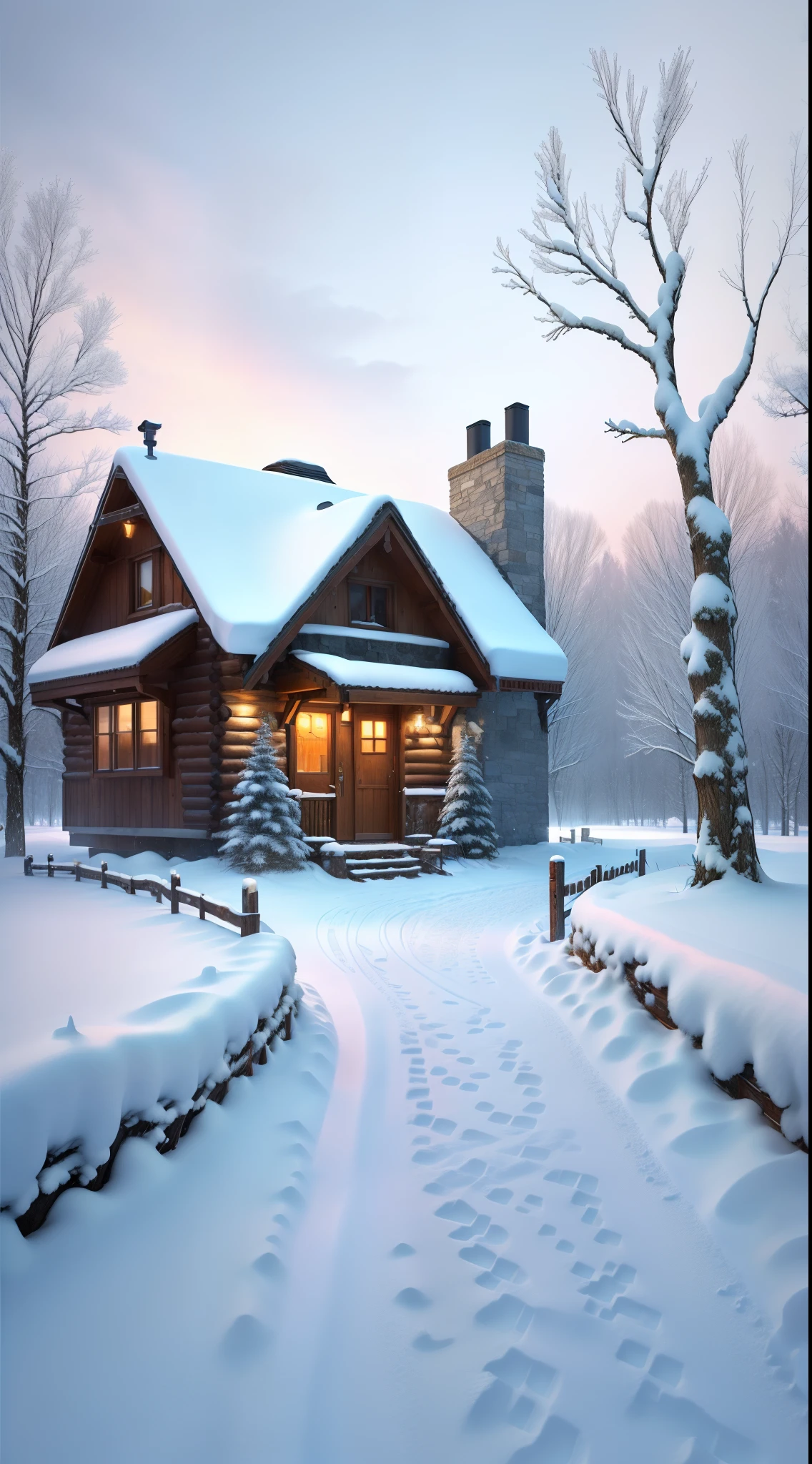 SnowRoom，There is a path leading to the front door, Comfortable wallpaper, beatiful house, House background, Home page background, Lodgecore!!, Snowy winter, little Lodge, Lodge, winter setting, soft glowing windows, fantasia de cena de inverno, It snows in winter, charming scene of a, soothing and cozy landscape, beautiful rendered, Snowy winter scene, beautful view