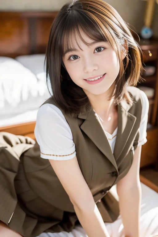 ((School uniform, vests, Skirt、no-makeup、Standing in a hotel room))、(realisitic、Photorealsitic、ultra-detailliert、Highest Details Skins、top-quality、masterpiece、超A high resolution)、Cute Japan Woman、17 age、hi-school girl、younggirl、1 girl in、I have bangs、二重まぶた、drooing eyes、Large black eyes、Japanese style face、ssmile、Charming、purity、Cute smile、double tooth、View here、Realistic skin type、simple background、thighs thighs thighs thighs、short-cut