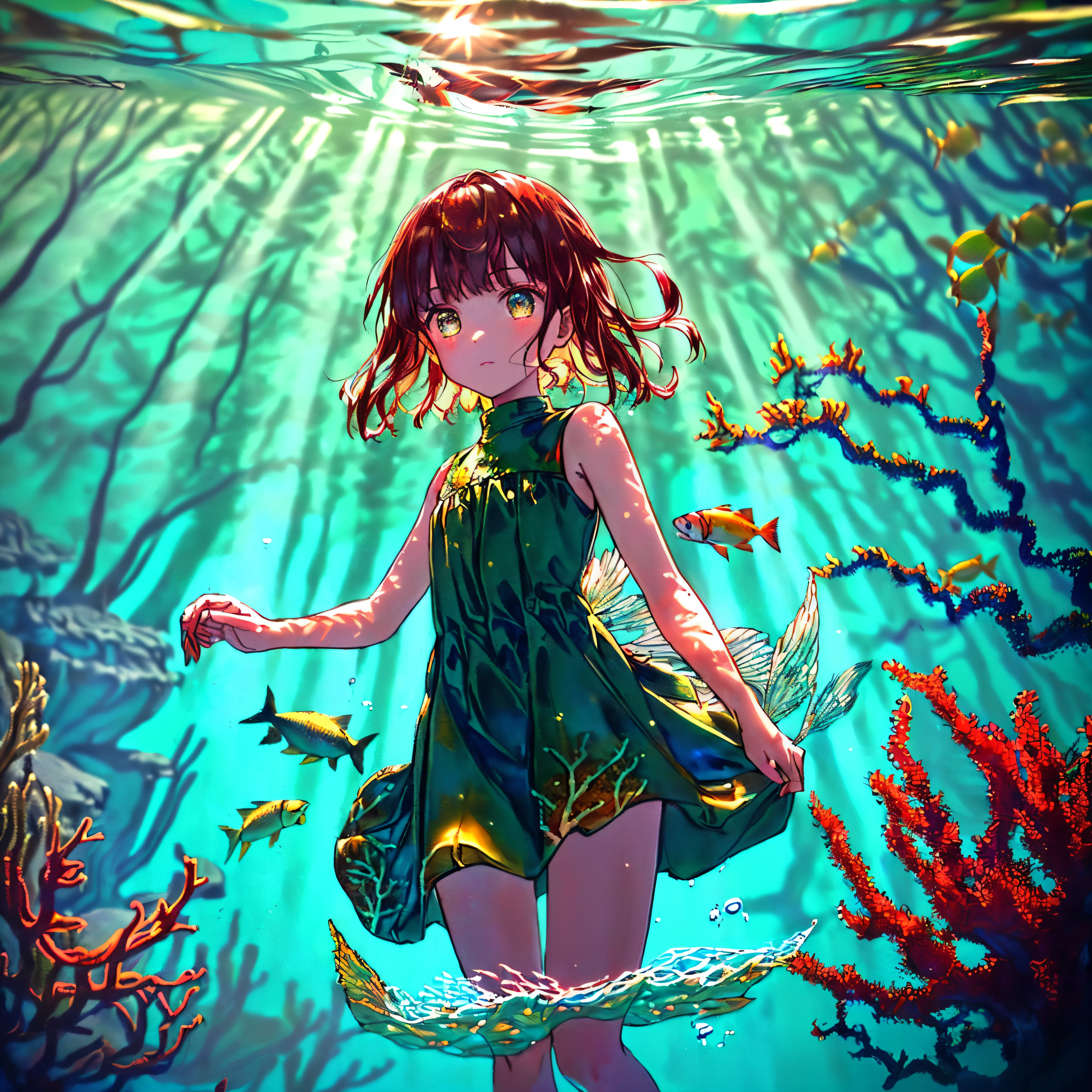(((masterpiece))),(((best quality))),((ultra-detailed)),((underwater)),(illustration),(beautiful detailed water),((coral)),open tuck,((extremely delicate and beautiful girls)),dynamic angle,floating,(beautiful detailed eyes),(detailed light),(li),floating hair,glowing eyes,(splash),underwater),((fishelack hair,green right eye,iceblue left eye,very long white dress,feather,nature,(sunlight),(underwater forest),(painting),(bloom),(detailed glow),(drenched),seaweed,fish,(((Tyndall effect))),face to face --s 1000 --c 20 --q 20