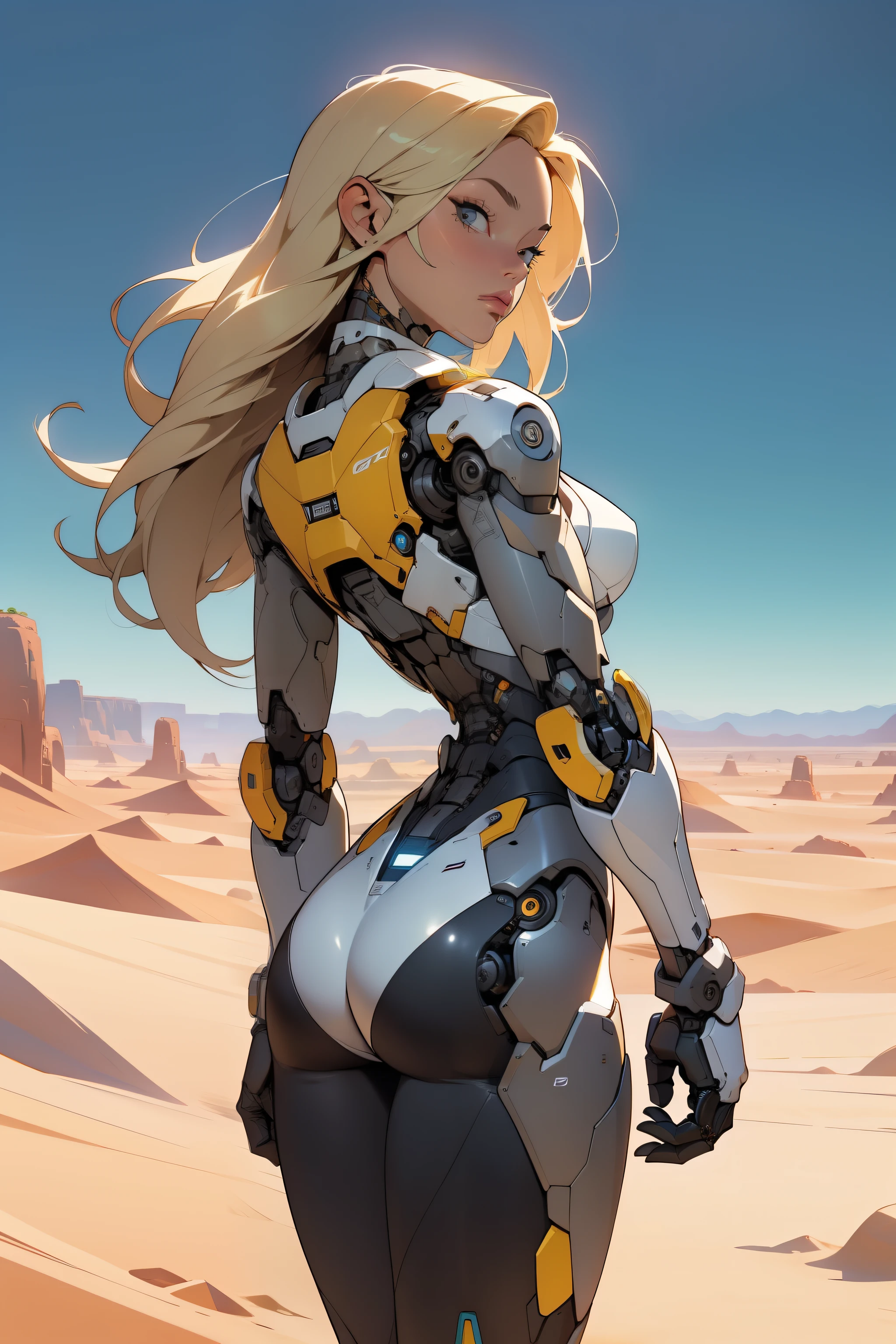 high quality, 4k, masterpiece, beautiful, cyborg girl, cowboy shot, dull eyes, back side, turning around to look at viewer, long blonde hair, girl, small breasts, fit thigh, robotic arms, robotic body, cyborg body, yellow accent, redaccent, intricate detail, joint, detailed lines, robotic detail, holding fist up, holding hand up as fist, color robotic parts, robotic parts with color, perfect fingers, on a desert planet, sunny background, colorful desert,