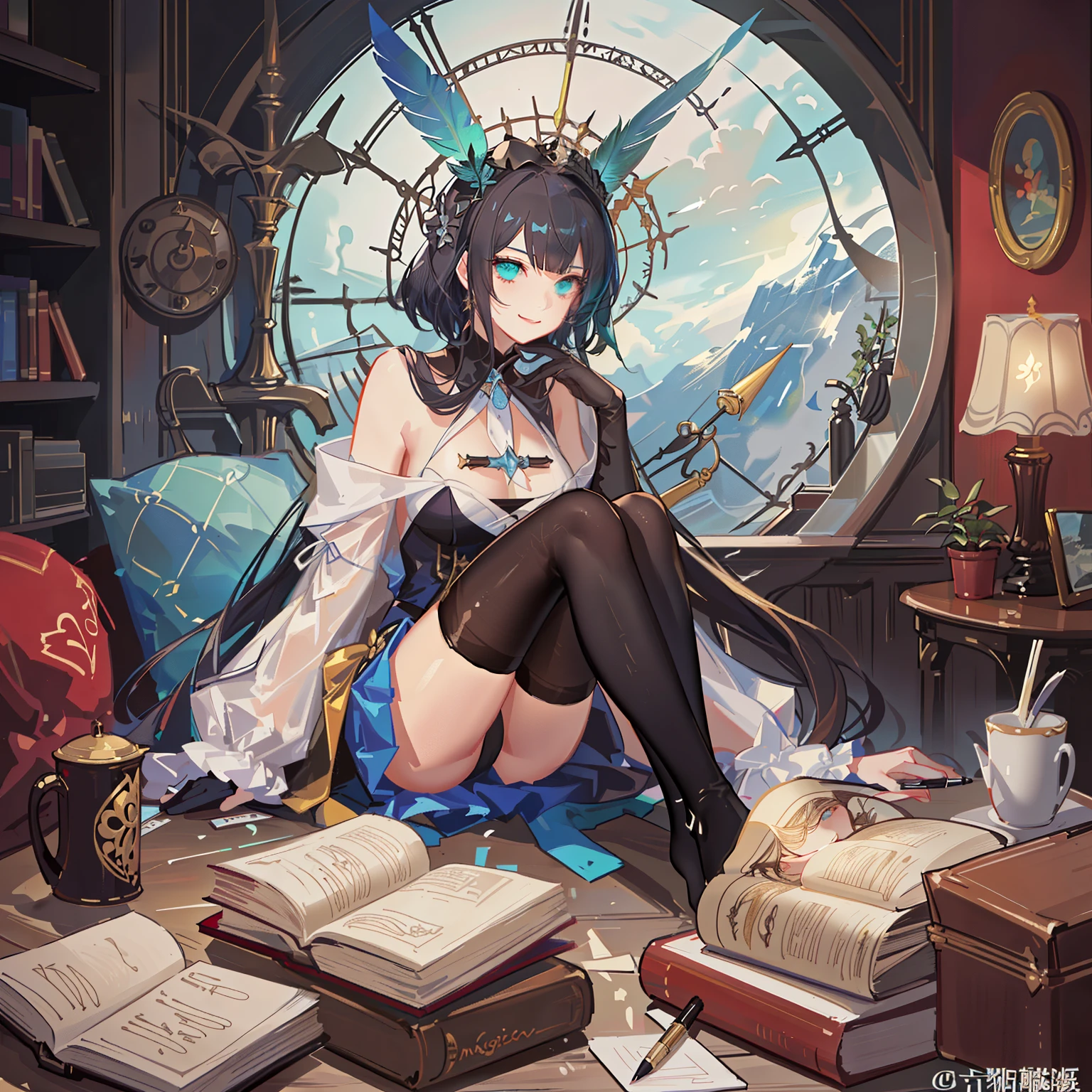 (the golden ratio:1.2),[(with black background:1.4)::10],(tmasterpiece), (Best quality), (ultra - detailed),(Unkheveled hair),(illuminations),(1 girl:1.3),Alone,younger female,,Brown hair,shiny very short hair,crossed bangs,Grinning,(travelling poet clothing)+(fantasy cyan feather pen:1.3) external,((废墟:1.2)),,(athletic body build:1.2),(sit on a big chair，Put your feet on the long wooden table:1.2)+(a mountain of magic books:1.3)+[(Inception:1.2)]