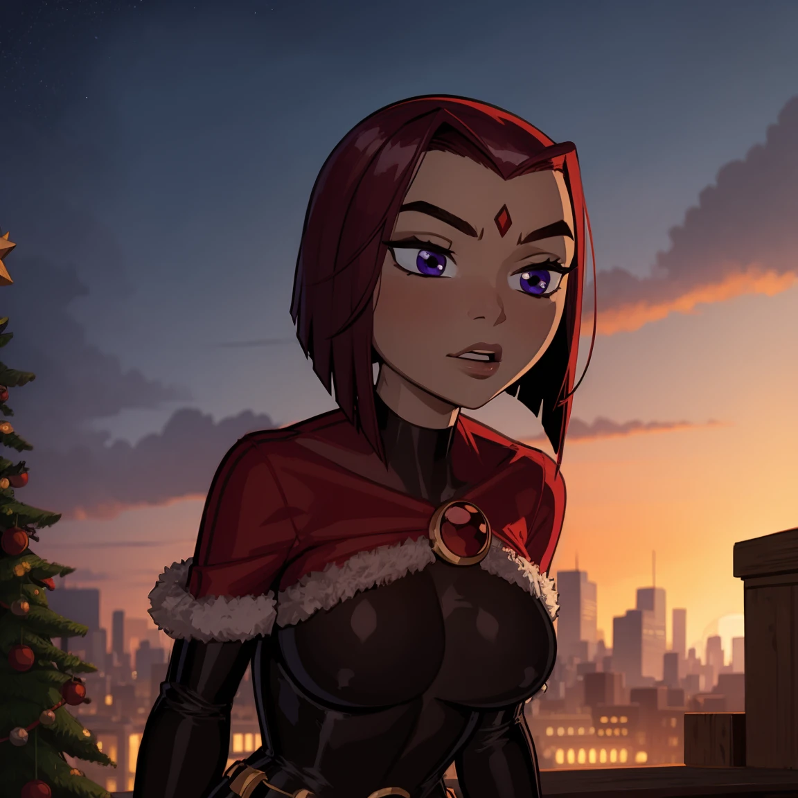 Raven, red jewel on forehead, purple eyes, cute eyes, christmas outfit, christmas, red outfit, santa outfit, red jewel in forehead, short hair, night,