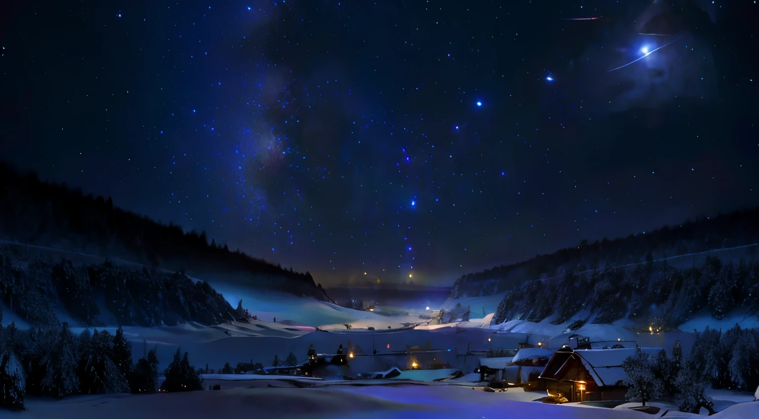 In a small village nestled at the edge of a mystical forest. Dark Night. full of star