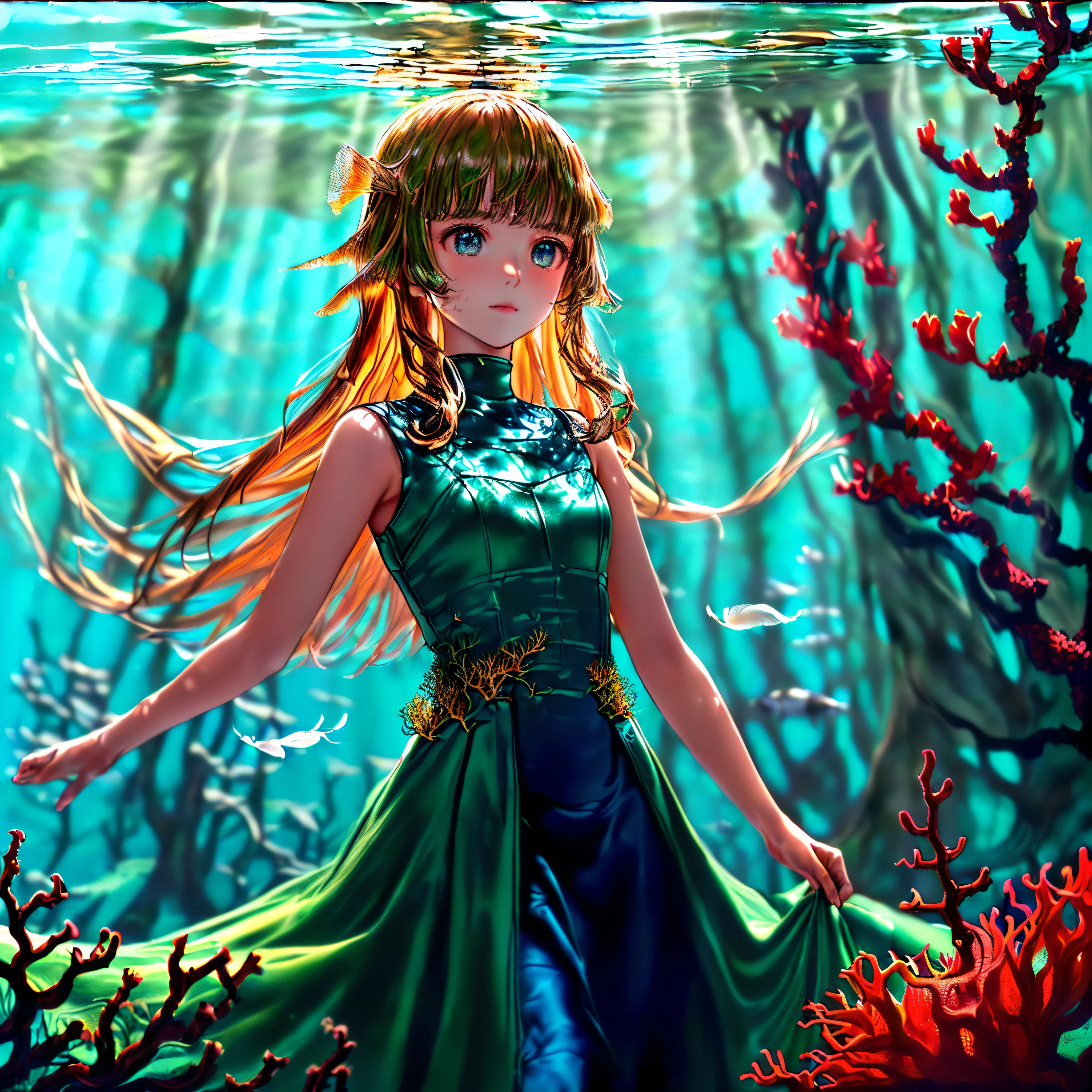 (((masterpiece))),(((best quality))),((ultra-detailed)),((underwater)),(illustration),(beautiful detailed water),((coral)),open tuck,((extremely delicate and beautiful girls)),dynamic angle,floating,(beautiful detailed eyes),(detailed light),(),floating hair,glowing eyes,(splash),underwater),((fishelack hair,green right eye,iceblue left eye,very long white dress,feather,nature,(sunlight),(underwater forest),(painting),(bloom),(detailed glow),(drenched),seaweed,fish,(((Tyndall effect))),face to face --s 1000 --c 20 --q 20