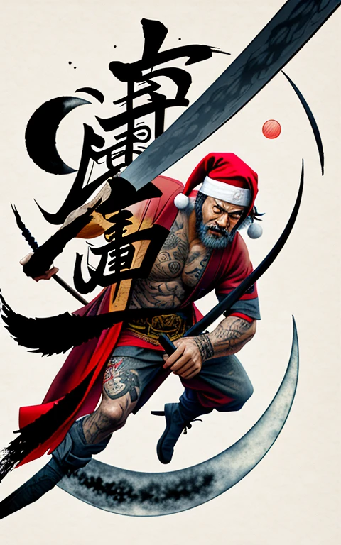 Santa Claus,(a person with katana in their hand flying with the moon behind them),a old man,weapon, blue eyes, ninja, sky, holding, black hair, ((ninja mask)), looking at viewer,long hair, moon, holding weapon, holding sword, weapon,ninja sword,japanese clothes,BREAK,(calligraphy patterns), (artistic lettering, beautiful scripts), (penmanship), (visual poetry), (cultural expression), (Chinese characters:1.3),(decorative writing),(Ink wash painting Yakuza background:1.3),(expressive lettering, lettering art:1.4),