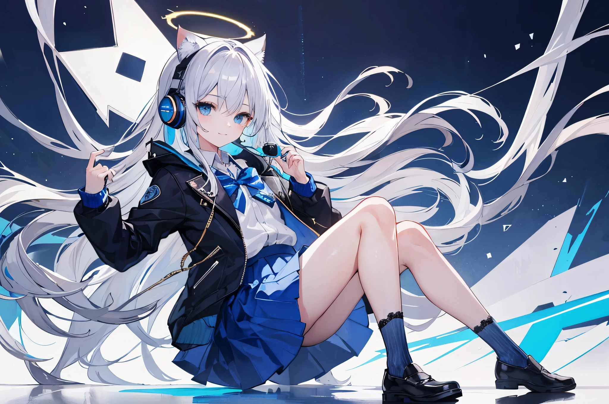 ((Best quality at best)), ((tmasterpiece)), (detailed), s the perfect face,The is very detailed,tmasterpiece,Best quality at best,offcial art,extremely detaild的 CG unified 8k wallpapers,Dynamic eyes, delicate full body portrait, solo person, schoolgirls, Trendy style, Long silver-gray hair, Long hair shoulder length, Futuristic blue halo on head, Face the lens, (M open legs:1.1), futuristic clothing, Mechanical, ((Dark blue skirt with bright blue lace)), ((Black jacket with blue stripes)), JK skirt, With cat ear headphones on the head, ssmile, The background is the city street, ((watered eyeright eyes