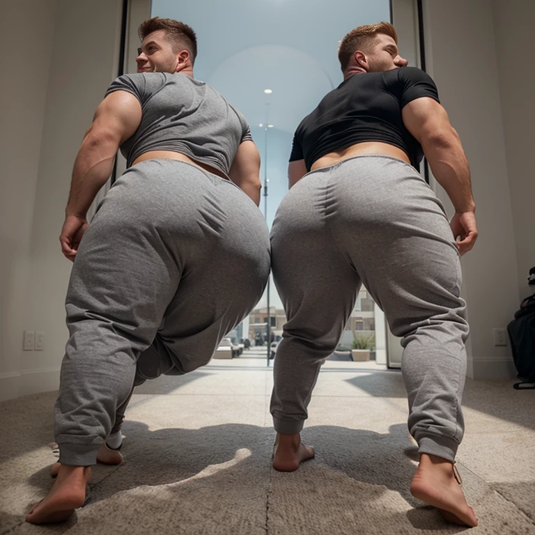 Two college guys, muscular, jocks, athletic, shirtless, ginger, wearing grey sweatpants, big butt, huge ass, comically massive ass, bubblebutt, thick, thicc, thick ass, thick legs, thick thighs, huge butt cheeks, ass huge, showing butt to camera, smiling, looking back at camera, big booty, boy booty, men with huge butts, men in grey sweatpants, showing off ass, absolutely massive butt, enormous ass cheeks in grey sweatpants, full ass, round ass, juicy ass, expansive ass, tight sweatpants, filled sweatpants