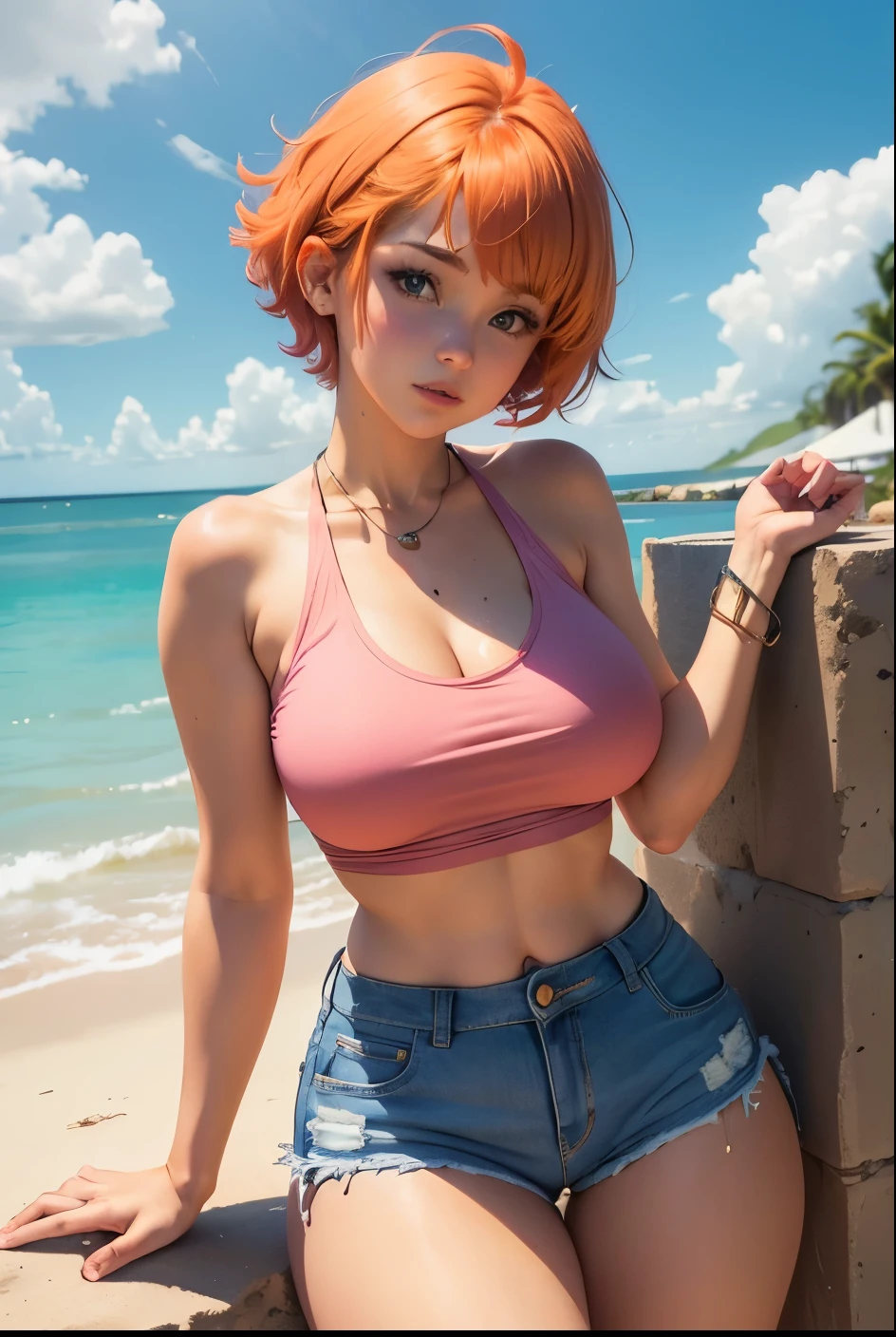 cute girl, Short orange hair, big breasts,She wears a pink tank top, short jeans,Women's high waist jeans,On Meat Island