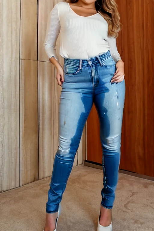 tall thin attractive blonde woman with long legs, blue eyes, messy bob hair, wavy shoulder length hair, tight white blouse and white skinny jeans, black high heel pumps, ((show heels)), inviting smile, (peeing self), ((shins wet with pee)), ((jeans gleaming wet with pee)), standing in puddle of pee, (((pee pouring from crotch of jeans))), standing in an office