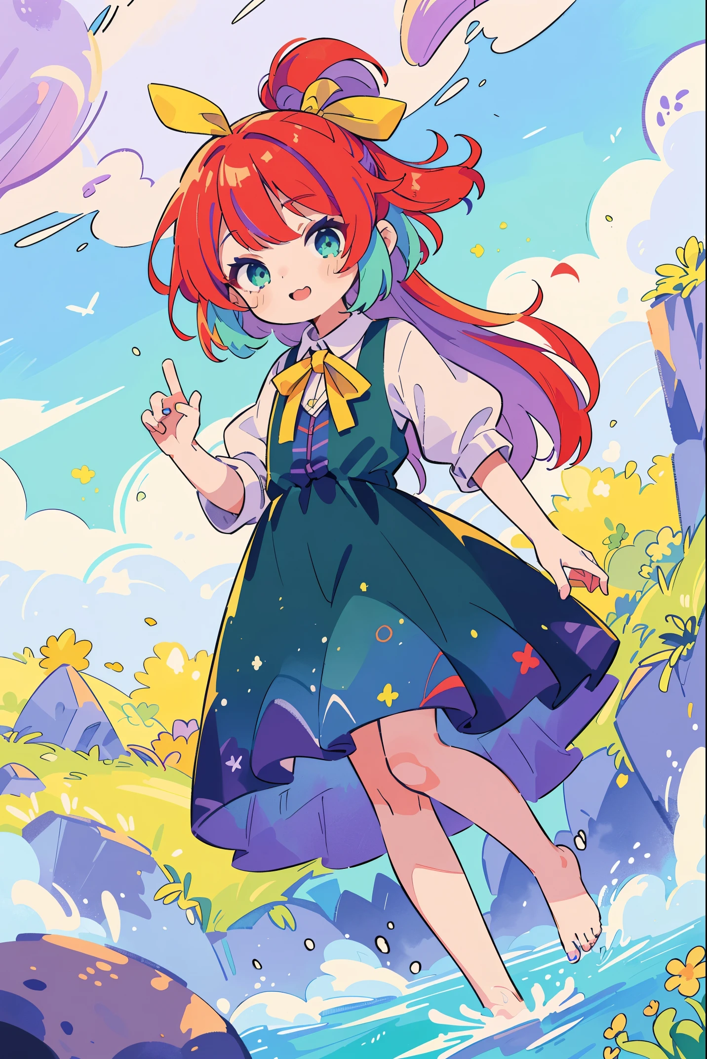 1.5),(1 girl),(Dynamic Pose),(multicoloRed hair+Silver hair:1.3+Red hair:1.2+Purple hair+Yellow hair:1.3+Green hair:1.3),(Blue eyes),(Neck ribbon),(floating),(cloud),(Too many drops of water),(Twilight),(watercolor paiting),(Wide Shot)