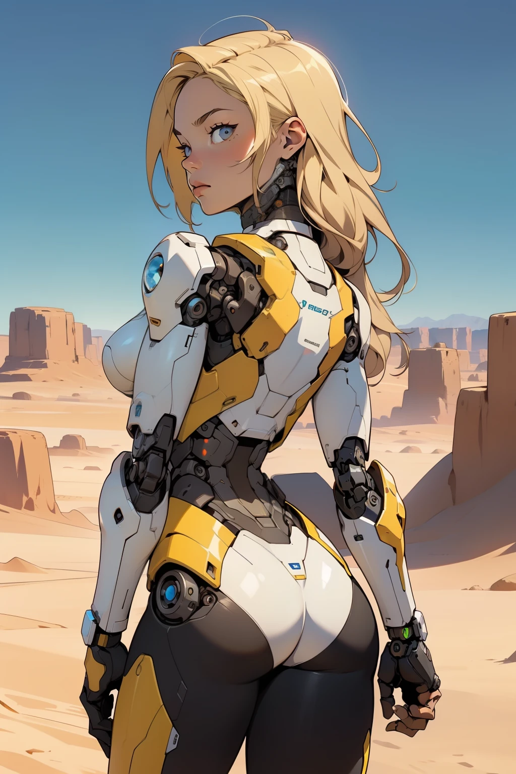 high quality, 4k, masterpiece, beautiful, cyborg girl, cowboy shot, dull eyes, back side, turning around to look at viewer, long blonde hair, girl, small , fit thigh, robotic arms, robotic body, cyborg body, yellow accent, redaccent, intricate detail, joint, detailed lines, robotic detail, holding fist up, holding hand up as fist, color robotic parts, robotic parts with color, perfect fingers, on a desert planet, sunny background, colorful desert,