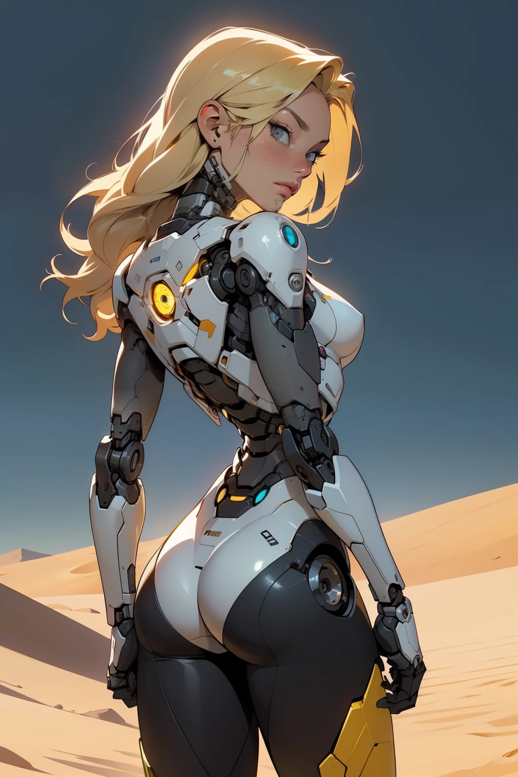 high quality, 4k, masterpiece, beautiful, cyborg girl, cowboy shot, dull eyes, back side, turning around to look at viewer, long blonde hair, girl, small breasts, fit thigh, robotic arms, robotic body, cyborg body, yellow accent, redaccent, intricate detail, joint, detailed lines, robotic detail, holding fist up, holding hand up as fist, color robotic parts, robotic parts with color, perfect fingers, on a desert planet, sunny background, colorful desert,