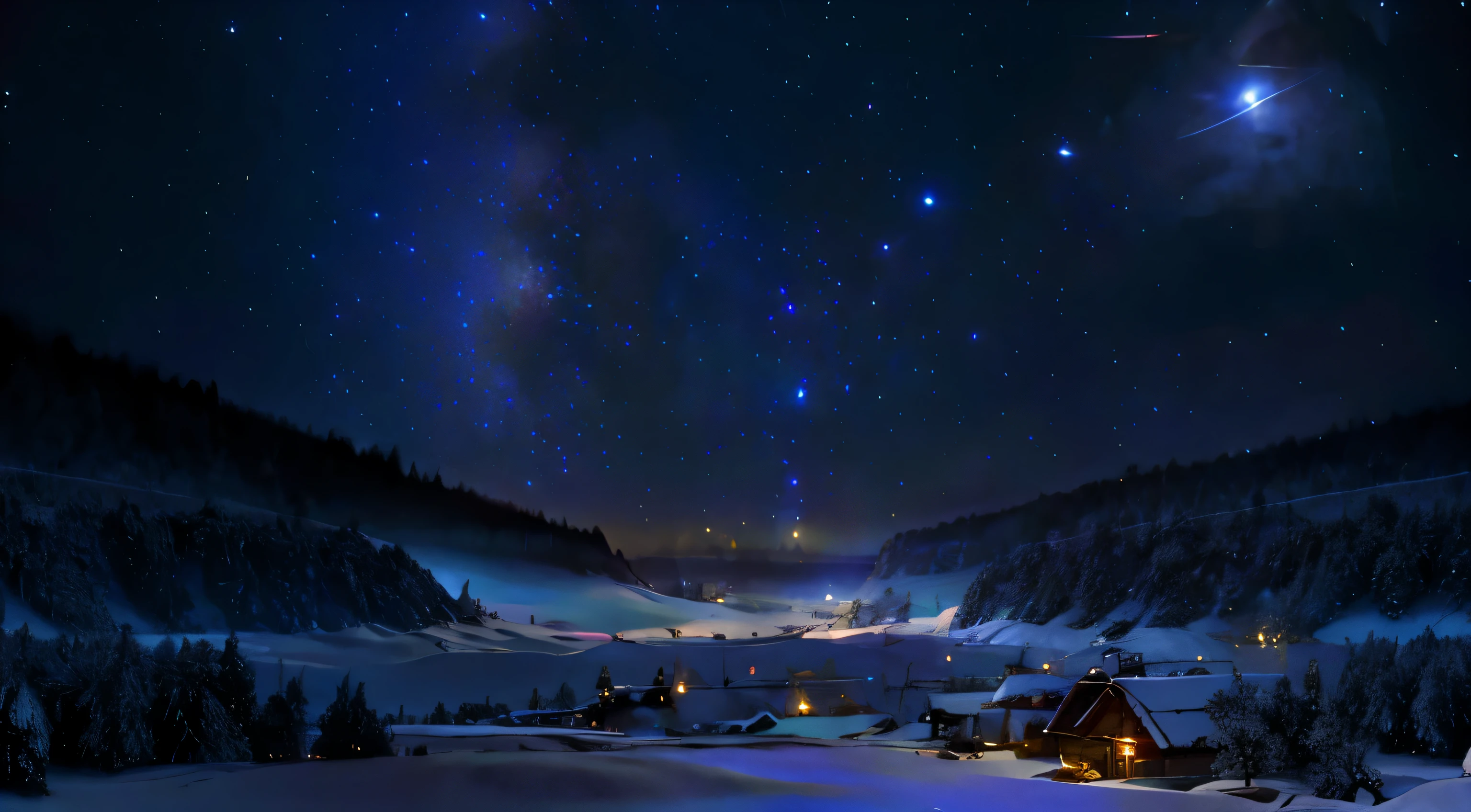 In a small village nestled at the edge of a mystical forest. Dark Night. full of star