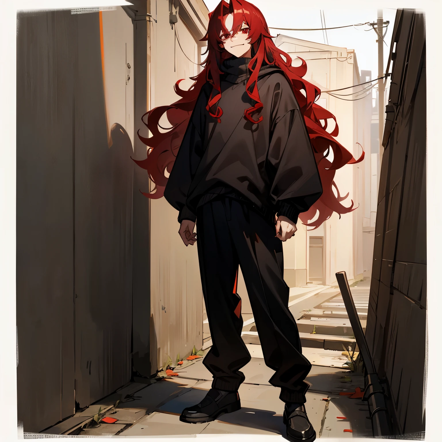 Long Wavy Hair , Red Hair , Red Eyes , 1male ,  , Baggy Sweater , Black Pants , Young Male , Standing in alley , Creepy Smile Expression