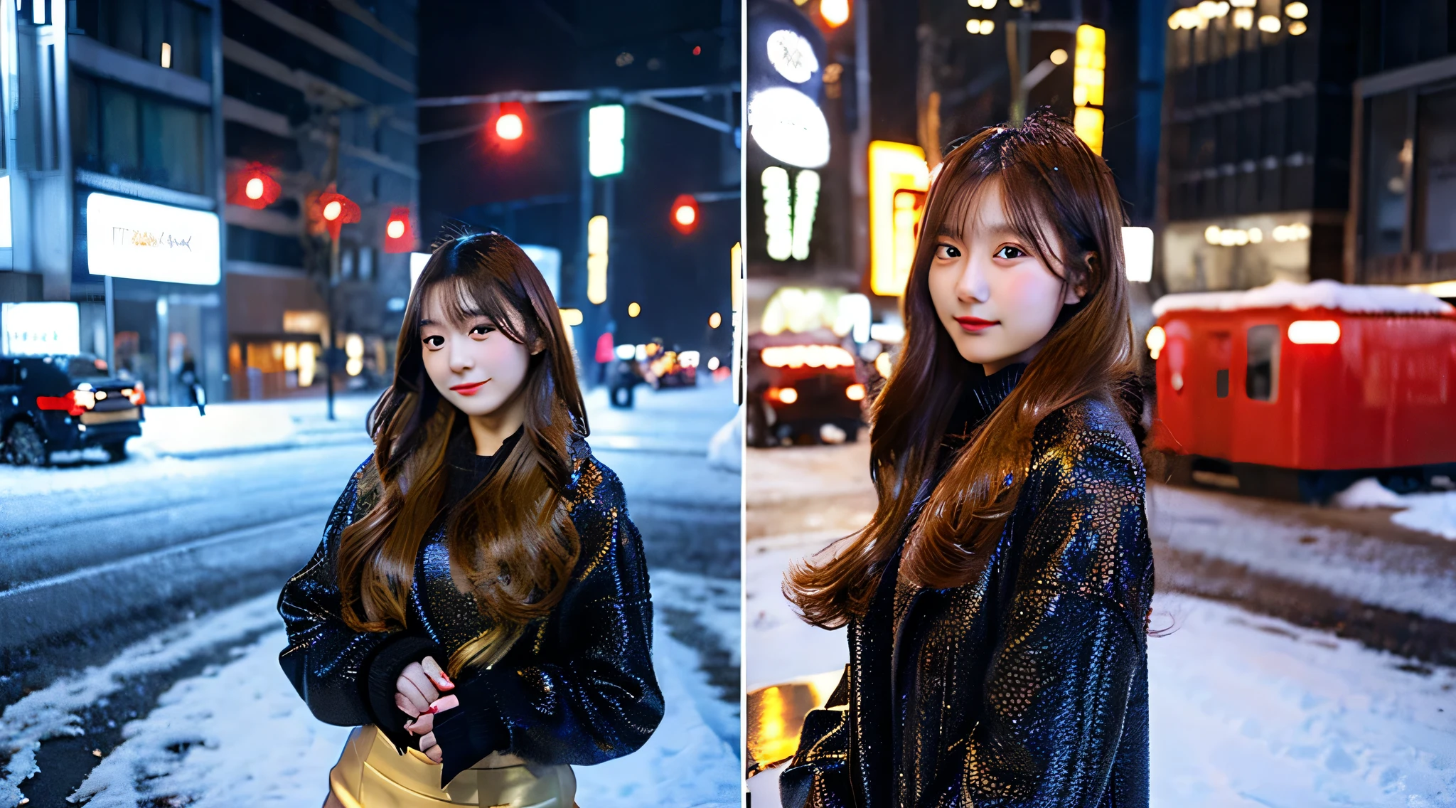 18 year old office lady wearing a golden miniskirt、In the snowy city