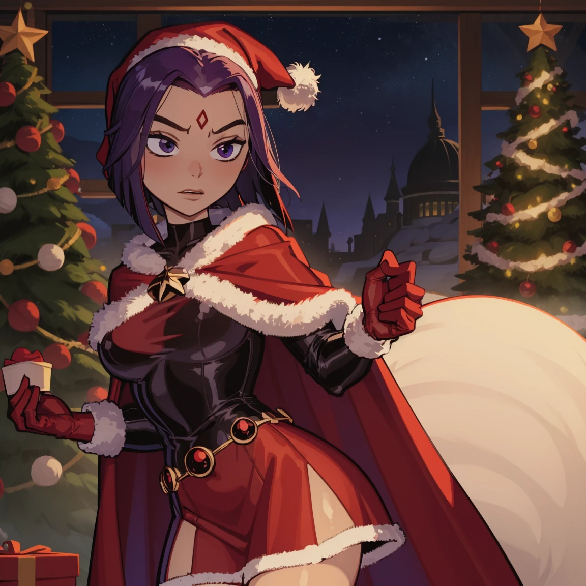 Raven, red jewel on forehead, purple eyes, nsfw, wrapped up in red ribbons, christmas tree in background, sexy, nude ribbon