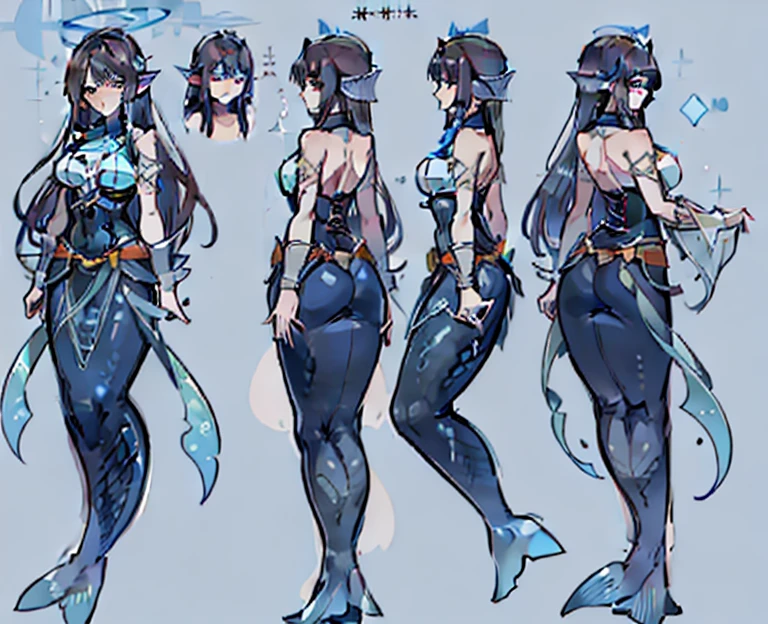 1woman, reference sheet, matching outfit (fantasy character outfit design, front, back, side) dark brown hair, blue eyes. mermaid mage, swimsuit corset, ancient inscriptions, runes, translucent tail dress. lean athletic build. neatly kept, long hair. half fish. beautiful, shimmering silver tail, covered in scales. Large chest, endowed breasts.