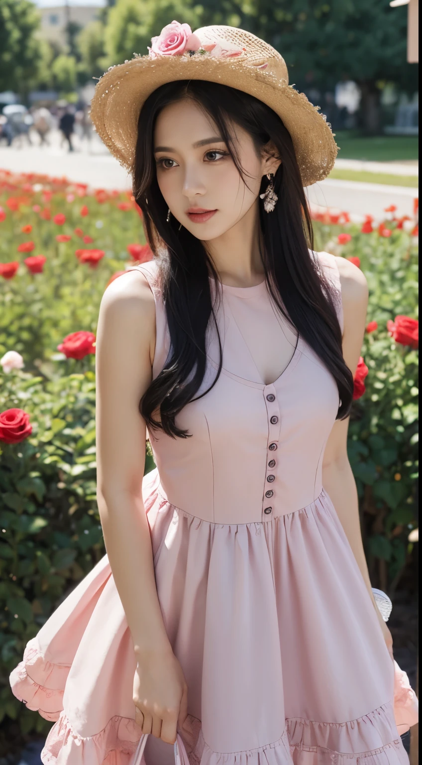 Diva, master piace, pink dress, black hair, cowboy shot, passionate look, Roses garden
