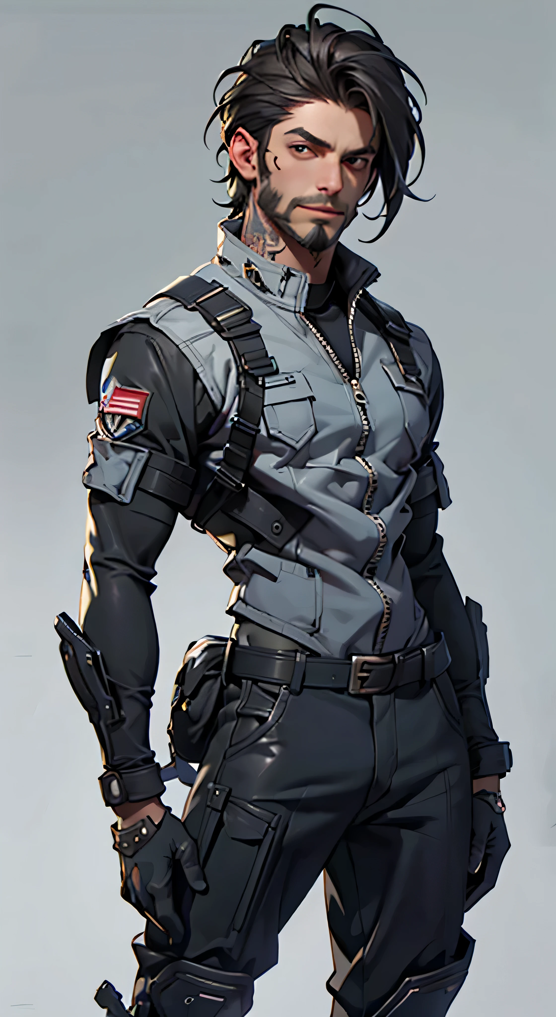 man, masculine man, muscular man, black hair, short hair, black mask, futuristic clothes, tight suit, black suit, military suit