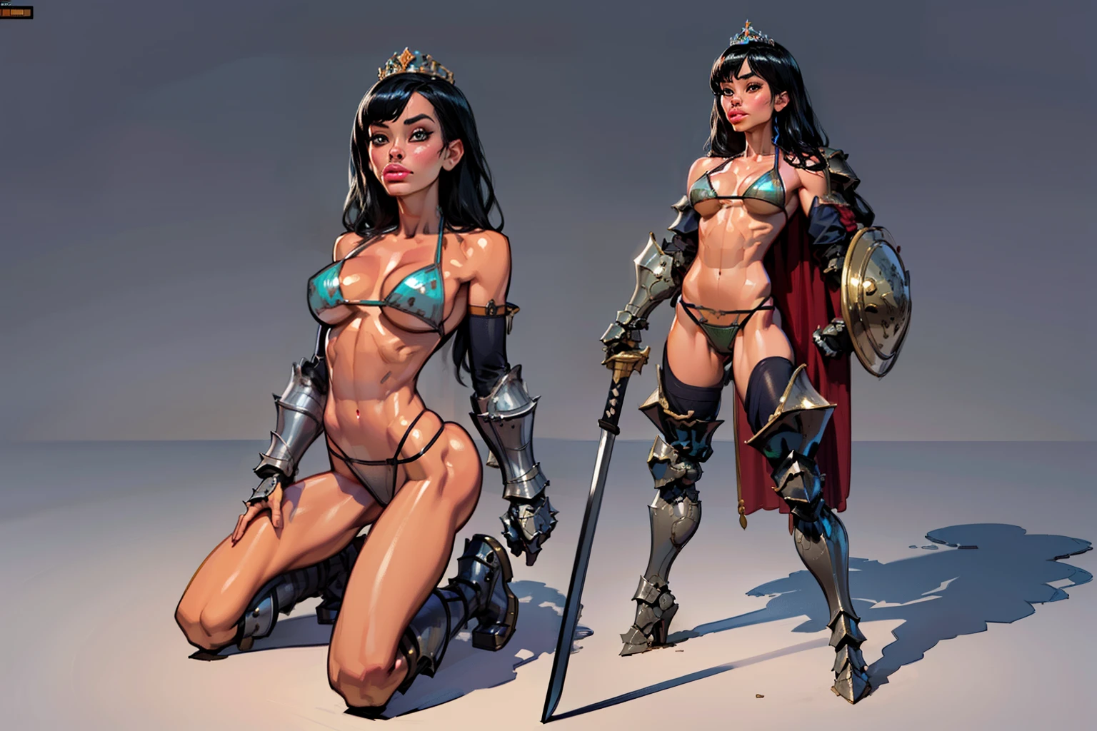 woman, ((long hair)),  blackblue hair, ((beautiful)), adorned in medieval armor, twerking, metal muscles, emanating a medieval elegance and marvel, armor pump boots, chrome bra, chrome silver tiara, small armband, (shoulder armor), gauntlets, ((small armored bikini:1.5)), sword, shield, exposed midriff, (puffy lips:1.3), detailed eyes, ((slendered abs )),((huge breastull bodied), wide hips, (puffy lips:1.5), slender abs,rim lighting, side light, cinematic light, ultra high definition, 8k, film grain,best shadow, light particles, detailed skin texture, detailed gem armor texture, detailed face, intricate details, super detailed, bright, spiked heel boots