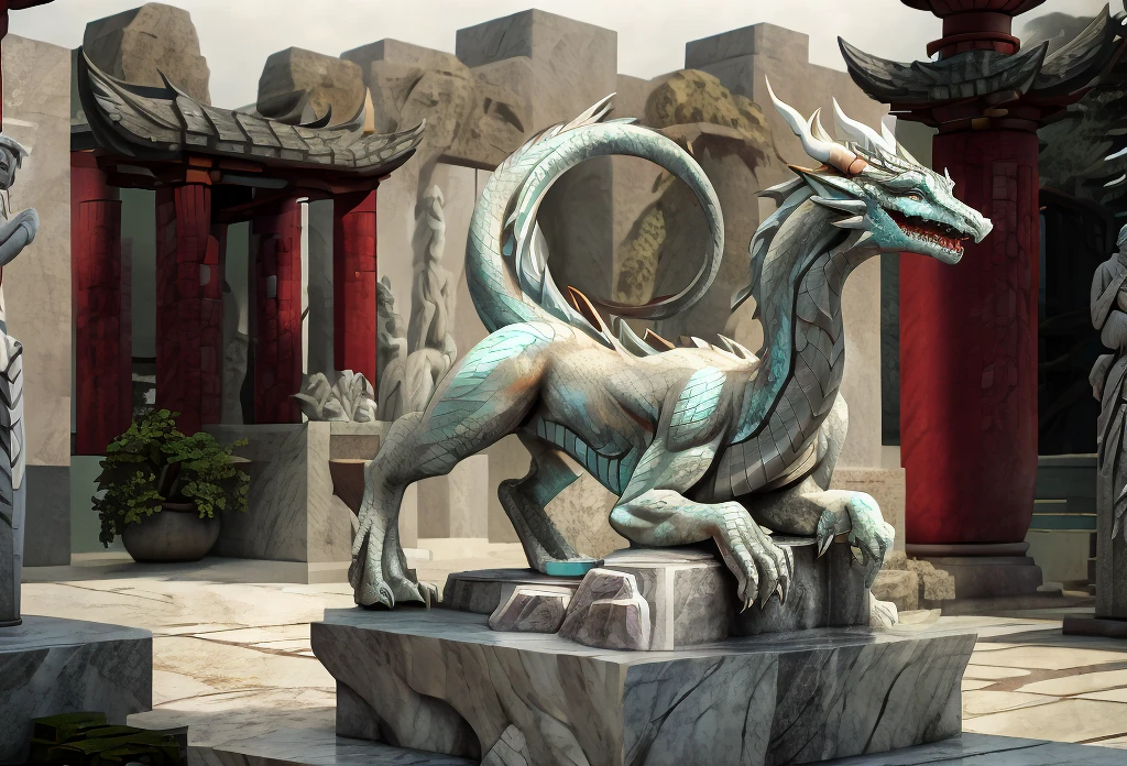 There is a terrified woman standing on all fours on a stone plinth outside of a forgotten asian temple, Her feet and hands are stuck to the plinth as they turn to stone, she morphs into an eastern dragon as her flesh petrifies into stone, human chinese dragon statue hybridization, HD, extreme detail, photorealistic, marble