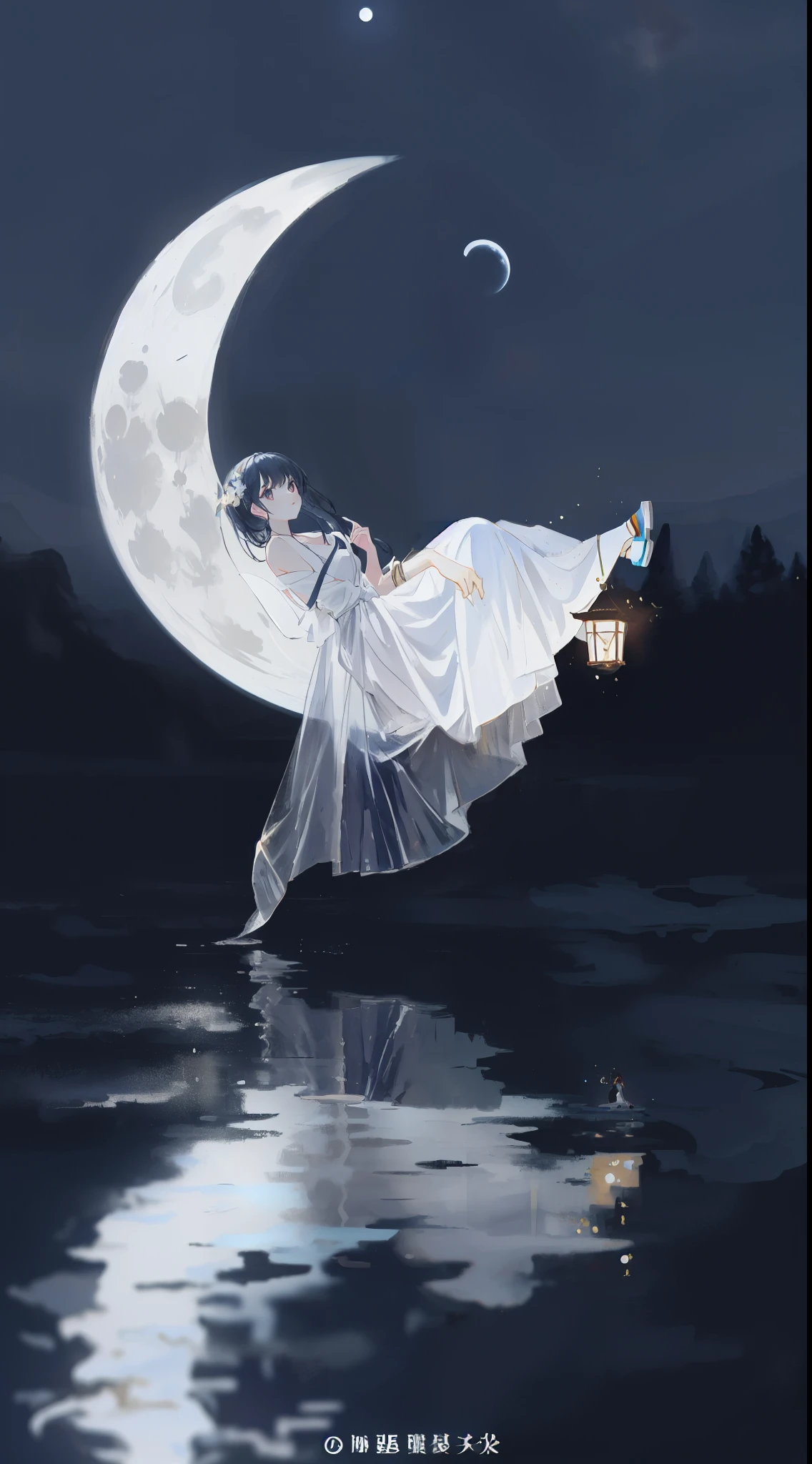 (painting:1.3), (blurry:1.3), (blurry drawing:1.3), arafed woman in a white dress is flying on a crescent, sitting on a moon, float under moon light at night, the moonlit dance of the fae, she is floating in the air, tom chambers photography, the moon behind her, promo image, in the moon, lunar goddess, goddess of the moon, editorial photograph, moon goddess, advertising photo