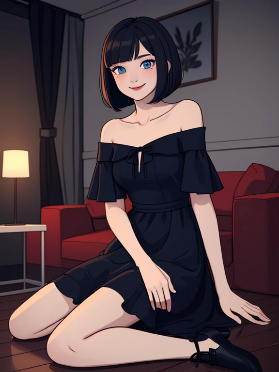 ((best quality)), ((masterpiece)), (detailed), perfect face, 1 girl, solo, ager, black hair, bob cut, bob hair, blue eyes, smile, in a flamenco dress, off the shoulder dress, red dress, a longer body, teen, bare shoulders, large chest, sexy sitting pose, and being so beautiful, room background, with lots of candles burning on the floor, in a dark room, in 2D illustration, 2D art style,
