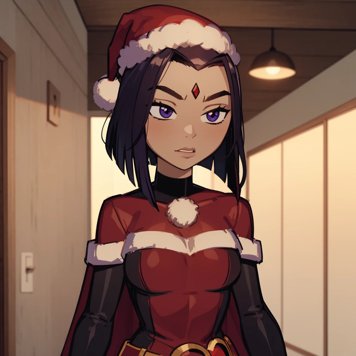 Raven, red jewel on forehead, purple eyes, cute eyes, christmas outfit, short hair, christmas, red outfit, santa outfit, santa hat