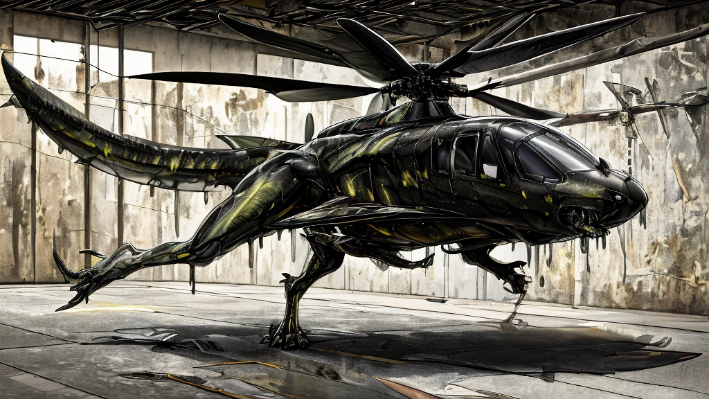 extremely detailed background of military base, HD, photorealistic, masterpiece, digital art, CGI, liquid metal nanomachine ooze coating, male human helicopter aeromorph hybridization transformation, inside military compound, cyberpunk, vehicle transformation, half human, humanoid