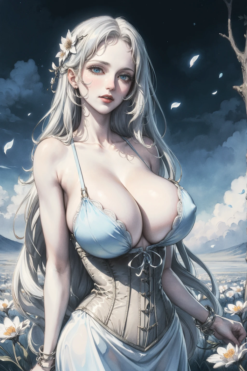 蹲下,(absurd res, A high resolution, ultra - detailed, hyper HD, Cinematic), Alone, 1个Giant Breast Girl, Shadowed Elegance,Cursed beauty,mature, Happy,hime cut,long hair,blue eyes, (huge breasts:1.6),cleavage, collarbone, bare shoulders,armbands,(corset),(larger breasts:1.6), girl standing in light blues flower field, light blues flower petal surrounding girl, full bodyesbian, silver long-haired girl, light silver hair, fanciful, dream-like, Snowy Land, offcial art, trending art, contours, ultra - detailed face, ultra - detailed eyes, light blues flower field, ultra - detailed field, The white blue sky, Cold, light blues, The white, Nebula in the sky, blue tree, aquarelle, pastel colour