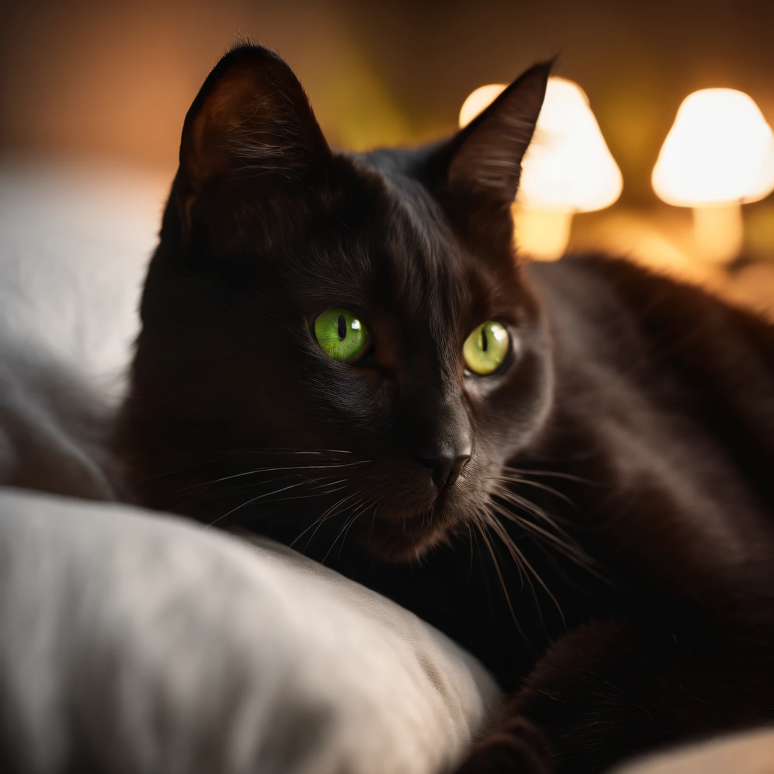 a green eyed cat protecting a beautiful brunette (masterpiece: 1.5) (photorealistic: 1.1) (bokeh) (best quality) (detailed skin texture pores hair: 1.1) (intricate) (8k) (HDR) (wallpaper) (cinematic lighting) (sharp focus )