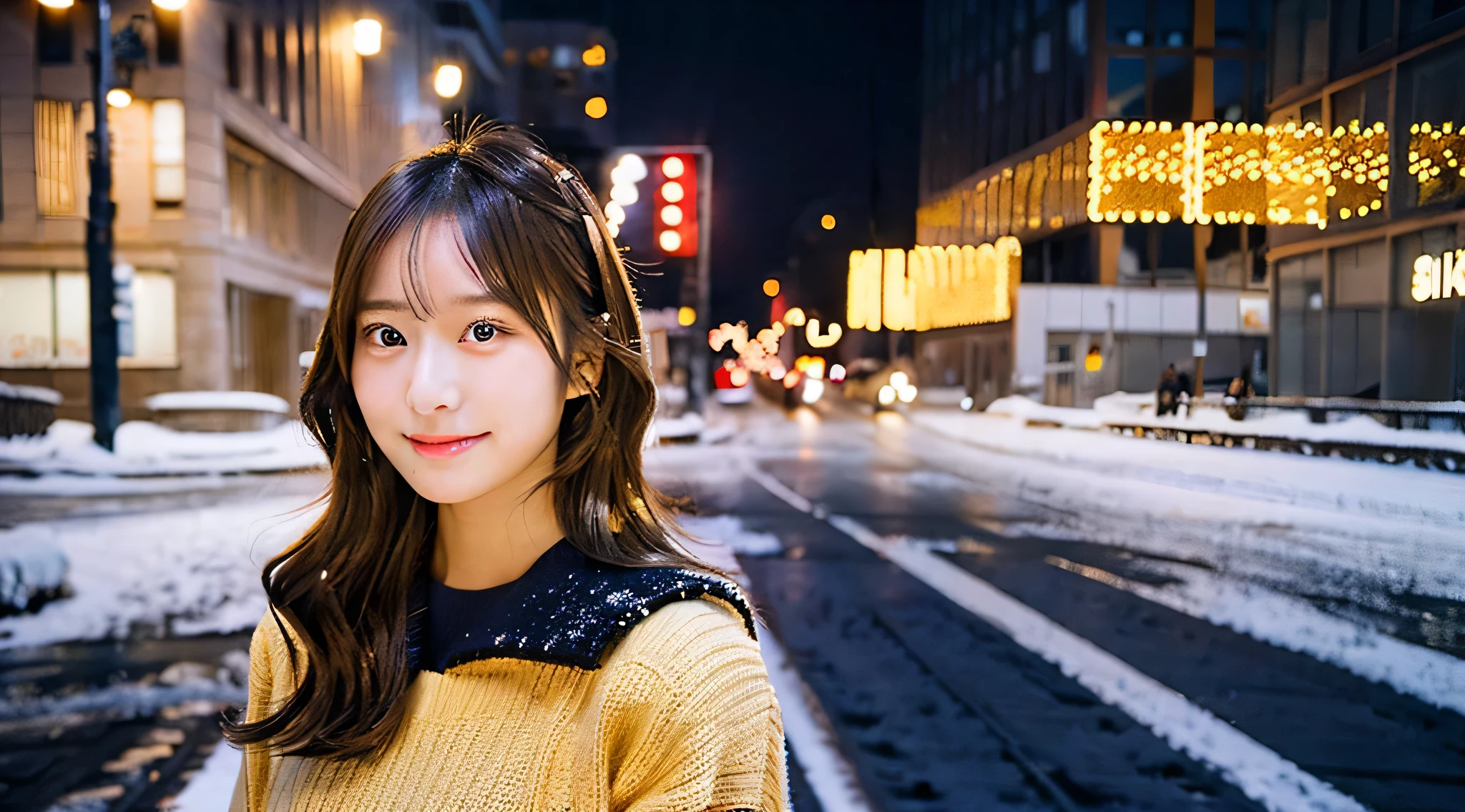 18 year old miniskirt high school girl wearing a golden sweater、In the snowy city