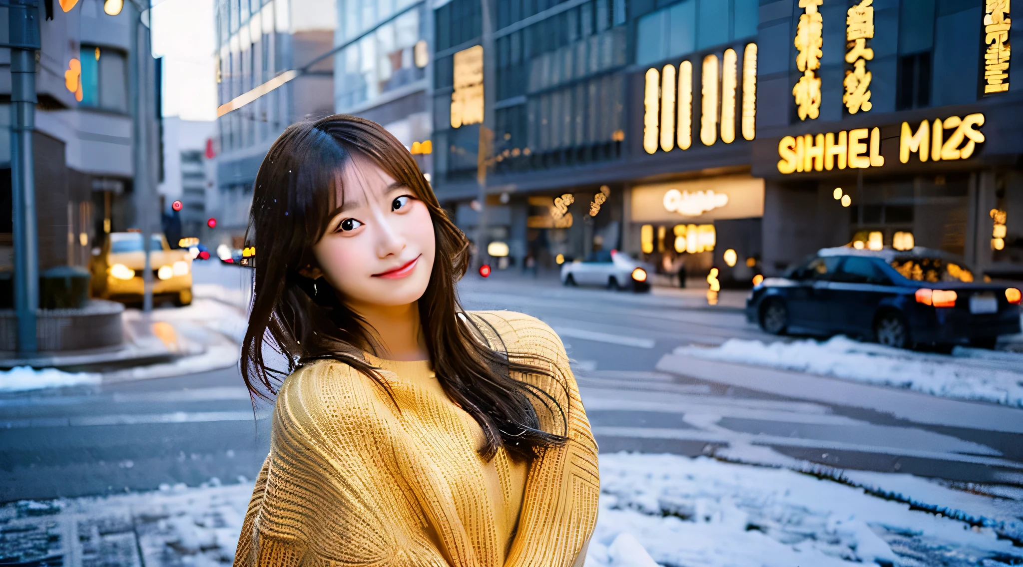 18 year old miniskirt high school girl wearing a golden sweater、In the snowy city