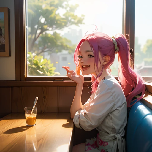 (masterpiece, illustration, best quality, cute style, feel good style, father-daughter theme, one piece characters, one piece art style), (jwelery bonney) celebrates and laughing wildly in a restaurant , sitting by the window,   man spying on her from the window, candid shot, side profile