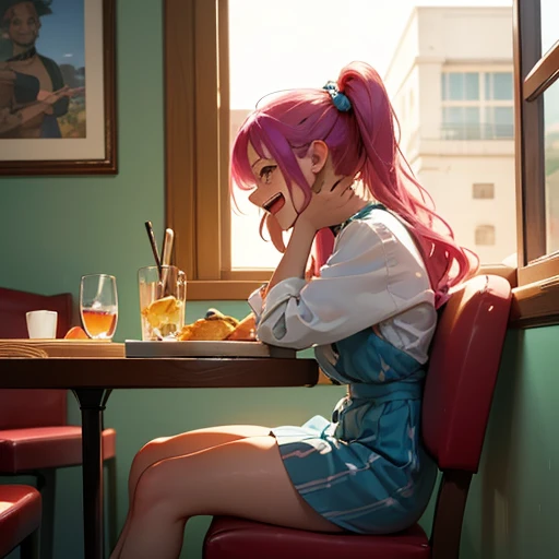 (masterpiece, illustration, best quality, cute style, feel good style, father-daughter theme, one piece characters, one piece art style), (jwelery bonney) celebrates and laughing wildly in a restaurant , sitting by the window,   man spying on her from the window, candid shot, side profile